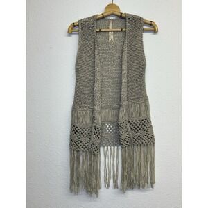 Mystree Boho Crochet Fringe Knit Open Vest Beige Layering Festival Hippie Size M